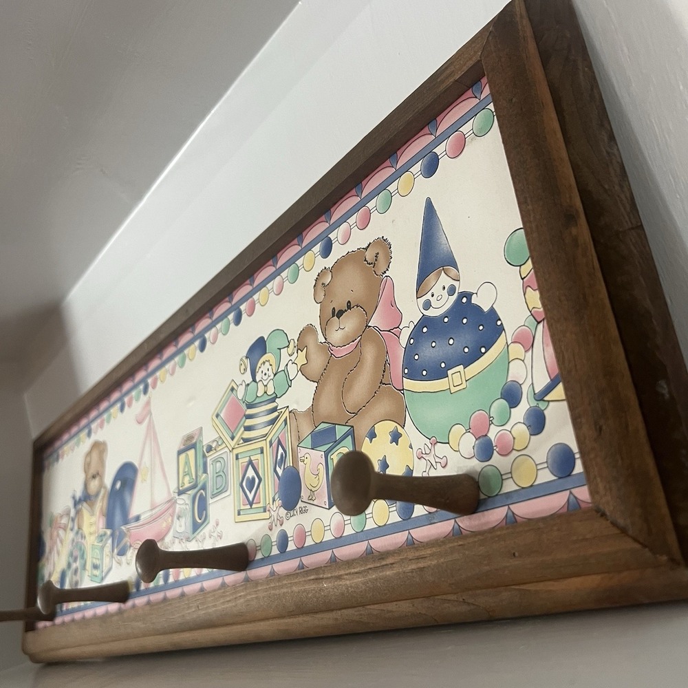 Vtg 90s Lucy Rigg Teddy Bear Wooden Peg Coat Rack Wall Hanger Nursery Decor 24"